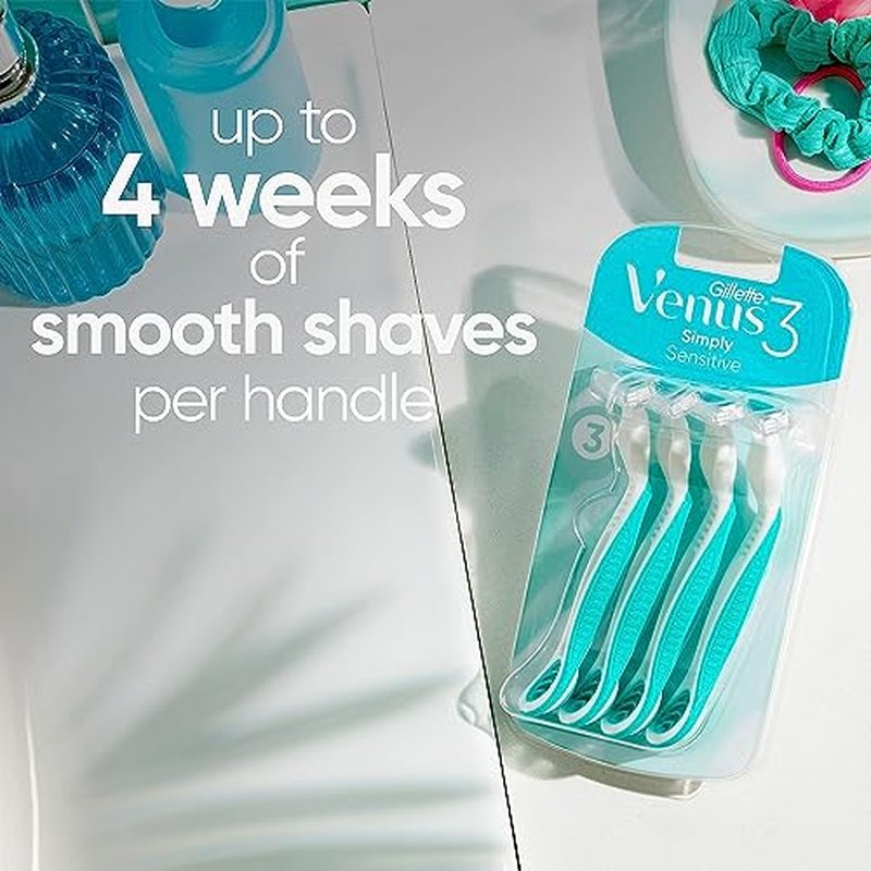 Gillette Venus Simply 3 Sensitive Women's Disposable Razors, Pack of 2 with 4 razors