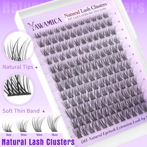 Yawamica Lash Clusters Kit Natural Lash Extension Kit 8-14mm Short Eyelash Clusters C Curly Wispy Individual Lashes with Waterproof Lash Bond and Seal and Lash Tweezers DIY Lash by Self