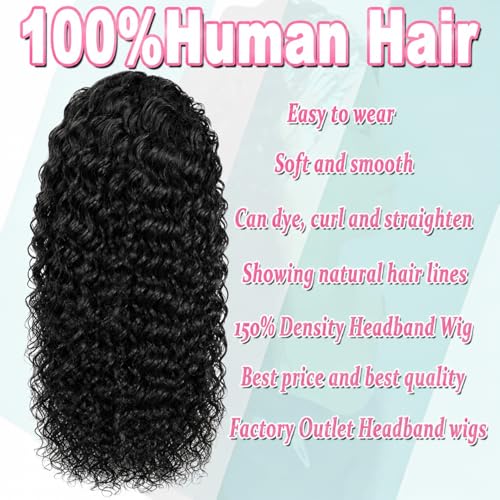Natural Black 20 Inch Human Hair Headband Wig for Women Glueless & Easy to Wear