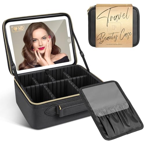 Large Travel Makeup Bag with LED Mirror - Waterproof Organizer with Adjustable Dividers - Black