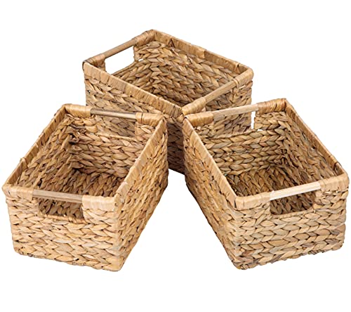 Water Hyacinth Storage Basket Set with Handles - 3 Medium Rectangular Baskets (12.2"L x 8.9"W x 6.9"H) - Natural Wicker Organizers