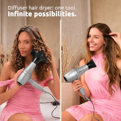 Lightweight Ionic Ceramic Hair Dryer with Diffuser - Silver - 1875W Travel-Ready Dual Voltage