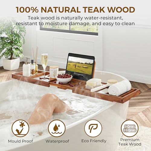 Venusmiles Foldable Teak Bathtub Caddy with Expandable Handles, Wine Glass & Phone Holders - Light Walnut