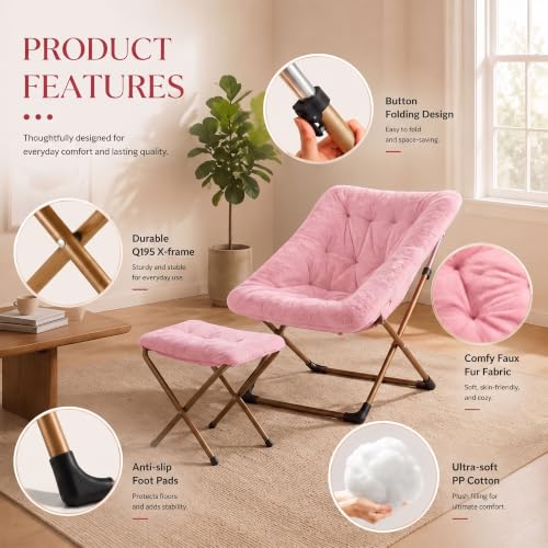 Pink Oversized Saucer Chair with Ottoman - Faux Fur Lounge Chair for Adults