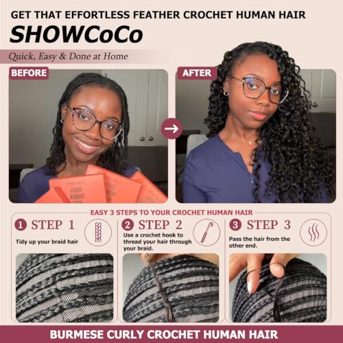 ShowCoco 16 Inch Burmese Curly Crochet Human Hair Extensions 40 Strands 50g Pre-Separated