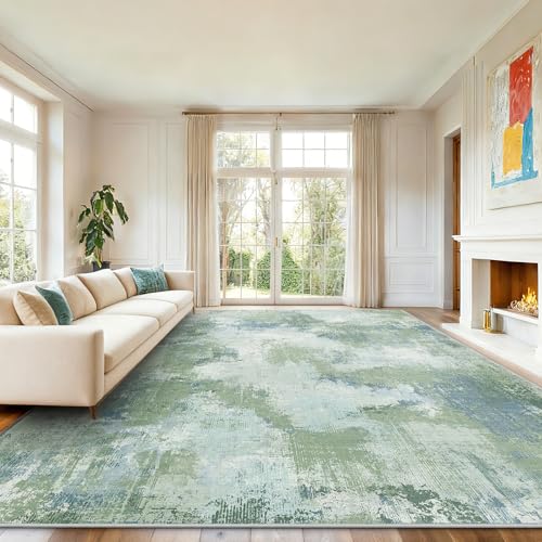 Green 8x10 Abstract Area Rug - Washable Living Room Carpet, Low Pile