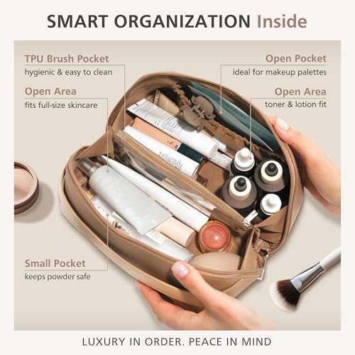 MELINE Travel Makeup Bag ? Large Capacity Cosmetic and Toiletry Organizer with Divider and Handle, Waterproof Flat-Open Design, Portable Pouch for Women (Taupe)