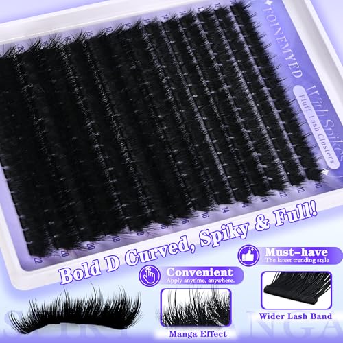 Spiky Lash Clusters Kit 300D Manga Volume Lash Clusters with Spikes 10-22MM Eyelash Clusters D-Curly DIY Lash Extension Kit Dramatic Spiky Look Eyelash Extension Kit by FOINEMYED