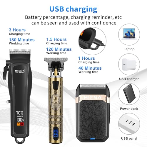 HIENA PRO Professional Cordless Hair Clippers for Men, T-Blade Beard Trimmer & Foil Shaver Set, Barber Clipper Hair Cutting Grooming Kit, Barber kit