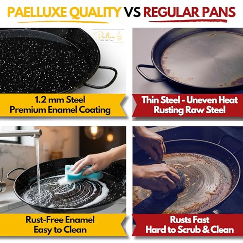 22 Inch Enamelled Steel Paella Pan with No-Rust Carbon Steel Skillet - 16 Servings