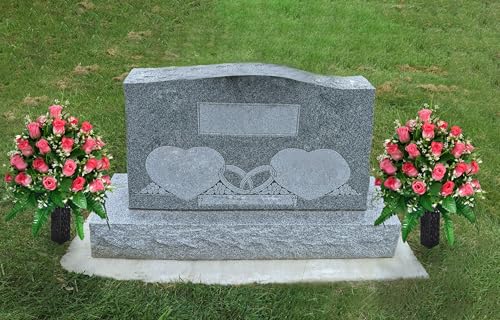 Artificial Cemetery Flowers Pink Rose Bouquet Set with Vases - Outdoor Grave Decorations