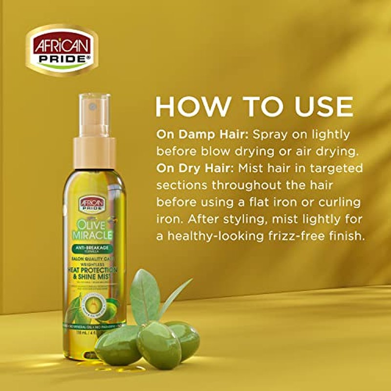 African Pride Olive Miracle Weightless Heat Protection & Hair Shine Mist (3 Pack), Fights Humidity & Shields Against Heat Damage, Enriched with Olive & Tea Tree Oils, 4 oz