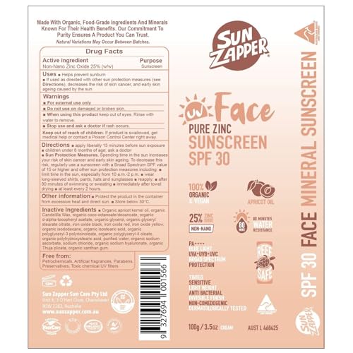 Sun Zapper SPF 30 Zinc Sunscreen Pump 100g - Organic, Reef Safe Face SPF