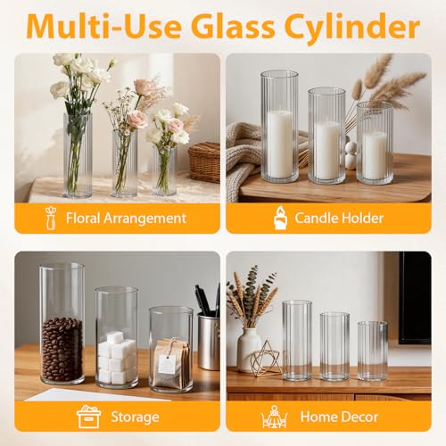 Trxvxo 24 Pcs Ribbed Glass Vases & Hurricane Holders - 2.5" Wide, 5/6/8" Heights
