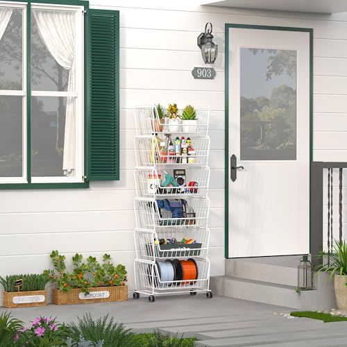 White 6-Tier Tall Wire Storage Baskets with Lockable Wheels - Vertical Kitchen Organizer