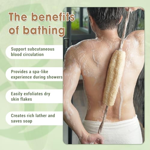 Vietnamese Natural Loofah Back Scrubber - 100% Plant-Based Exfoliation Shower Sponge, Handcrafted Whole Loofah Gourd with Jute Fiber Handle, Suitable for Men & Women (1-Pack)
