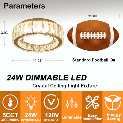 Gold 11-Inch Dimmable Crystal LED Flush Mount Ceiling Light - Modern Luxury Fixture