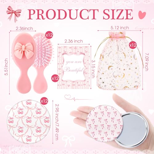 Pink Bow Theme Party Favors Set - Mini Hair Brush Mirror & Cards, 48 Pieces - Cute & Portable