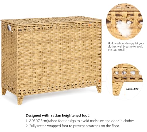 Laundry Hamper with 4 Removable Liner Bags - 176L Natural Rattan & Iron Frame - With Lid
