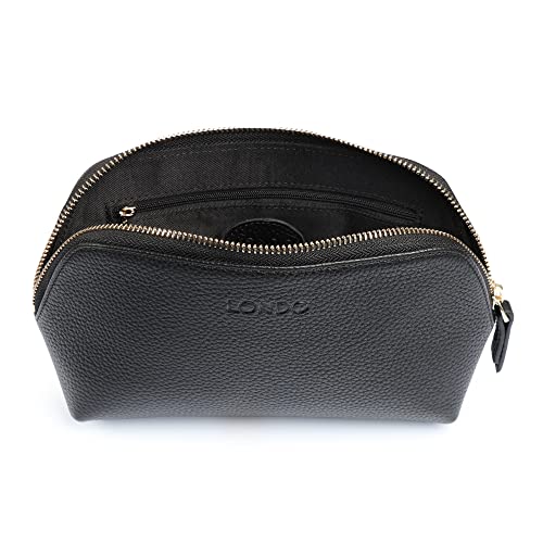 Leather Makeup Bag for Women - Travel Cosmetic Pouch, Clutch, Black