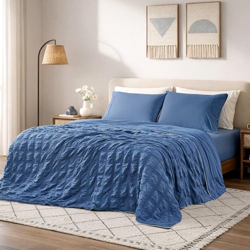Navy Blue King Size Cooling Comforter Seersucker Blanket - Lightweight Summer Bedding