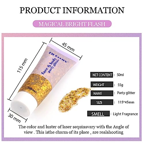 Gold Body Glitter Gel & 2 Sheets Face Gems Rhinestones Set, Face Glitter Makeup & Hair Jewels Stick on, Holographic Hair Glitter Eye Gems,Chunky Glitter Face Jewels for Makeup Festival