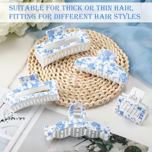 Blue Floral Hair Claw Clips Set - Large Hair Accessories for Women, 10 Pieces - Blue