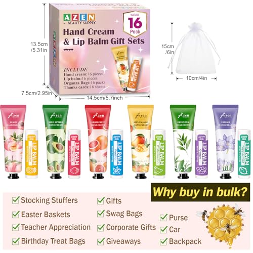AZEN 16 Sets Bulk Gifts, Hand Cream and Lip Balm Bulk Set with Organza Bag Thank You Card, Baby Shower Wedding Gifts for Guests, Bridal Wedding Favors for Guests,Thank You Gift for Women