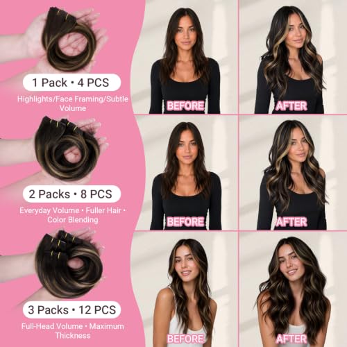 MAXITA Clip-In Hair Extensions 16 Inch 60g Real Human Hair Balayage Dark Brown Mix - 4PCS