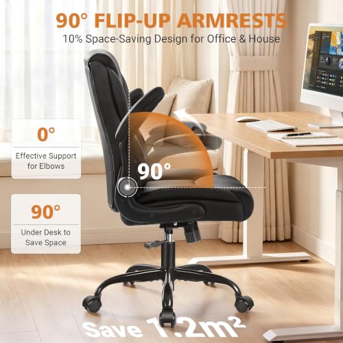 Black PU Leather Office Chair with Flip-Up Arms, Lumbar Support & Adjustable Height