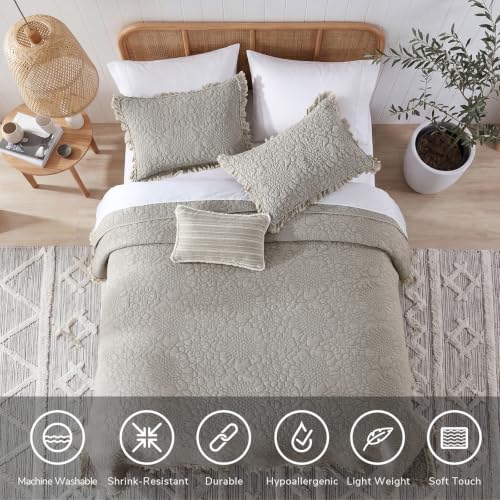 Beige Ruffled Quilt King Size Bedding Set - Rustic Farmhouse Microfiber, Reversible 3 Pieces