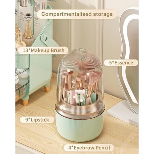 Makeup Brush Holder 360 Rotating, [Upgrade & with Cover] Makeup Brush Organizer for Vanity Countertop Bathroom (Green)