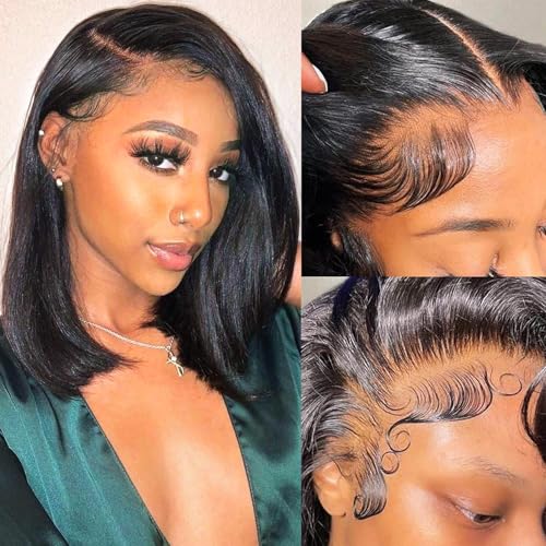 Human Hair Bob Wig 13x6 HD Lace Frontal Wig 16 Inch Black Short Style