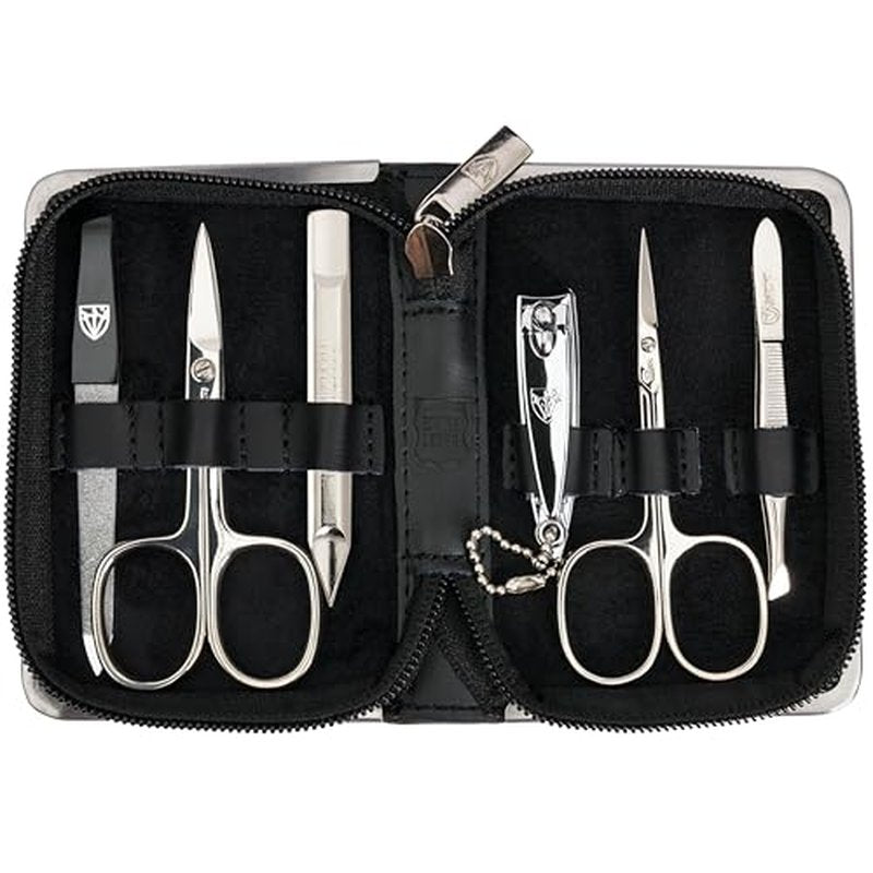 3 Swords Germany - brand quality 6 piece manicure pedicure kit set for professional finger & toe nail care with leather case - Made in Germany - black genuine leather