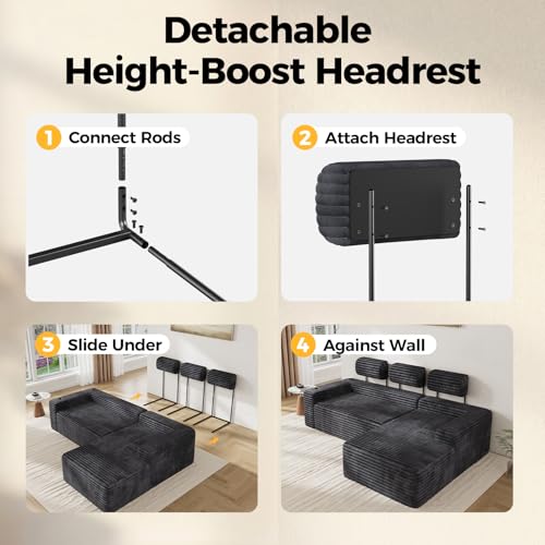 CAMMOO Grey Corduroy Couch Headrest Extender 3 Pack for Low Sofas