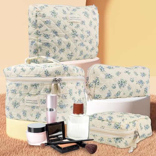 Cute Makeup Bag Set for Women - Quilted Floral Travel Cosmetic Organizer - Blue Rose, 4 Pack