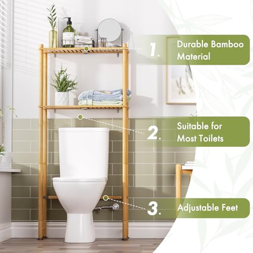 AmazerBath Bamboo Over Toilet Storage Shelf 2-Tier Natural Color - Space Saving Bathroom Organizer