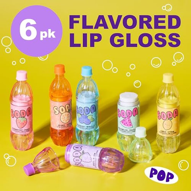 EXPRESSIONS 6pc Soda Pop Lip Gloss Collection - Fruit Flavored, Non-Toxic Soda Bottle Lip Gloss Set, Teen Girls Party Favors
