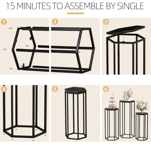 Black Hexagon Metal & Wooden Marble-Pattern Party Stand Set of 3 - Urban Deco