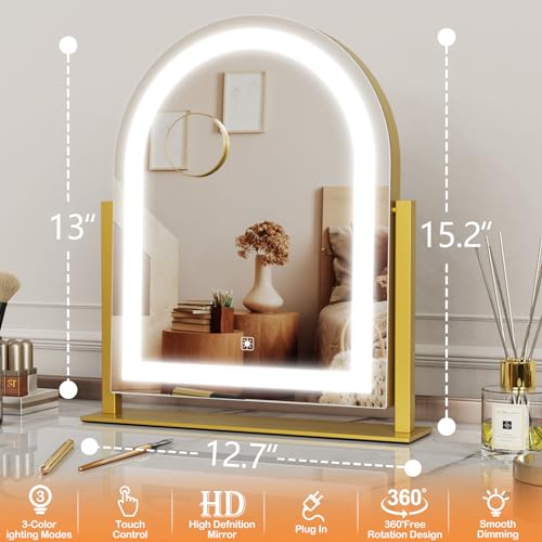 Gvnkvn Arched 15.2 in Lighted Makeup Mirror with 10X Magnifier, Gold, 360° Rotation