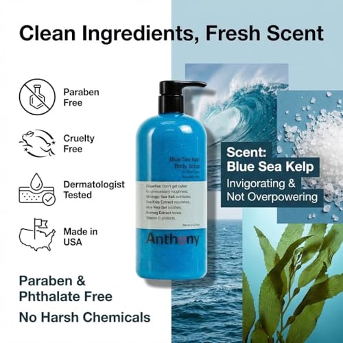 Anthony Exfoliating Body Scrub, Sea Salt, Vitamin C & Aloe Vera, Deep Cleans, Smooths Rough Patches, Soothes & Protects Skin, Hydrating Blue Sea Kelp Body Wash, 32 Fl Oz
