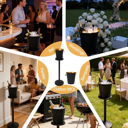 Champagne Bucket with Stand 5L - Black Stainless Steel Ice Cooler Set - 1 Pack