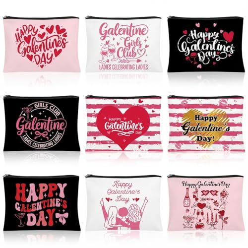 FoldTier 9 Pcs Galentine's Day Gift Bags Set – 9.1 x 5.9 in Canvas Zip Bags for Friends