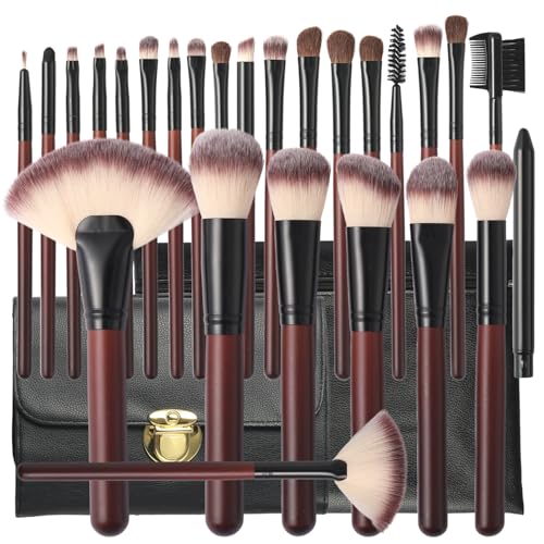 Makeup Brushes Set with 2 PU-Leather Bags - 26 Pieces, Red - Brushes and Bags