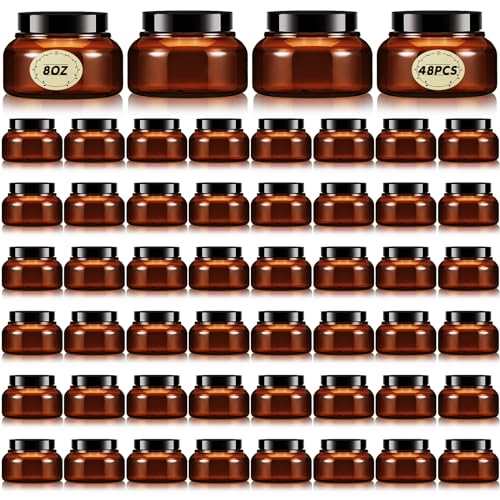 Tessco 48 Pcs Plastic Jars with Lids and Labels Body Scrub Jars Round Refillable Cosmetic Containers Empty Butter Travel Containers for Sugar Scrub Lotions Cosmetics Cream(8 oz,Brown)