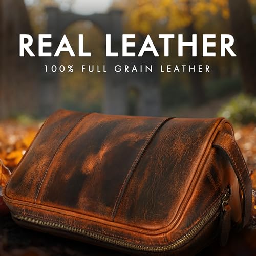 ELIZO Premium REAL Leather Toiletry Bag for Men Dopp Kitt Hanging Mens Toiletry Large TSA Toiletries Bag Shaving Grooming Bag Organizer