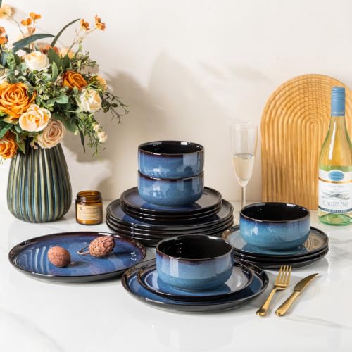 LeRatio Ceramic Dinnerware Set for 4 - Modern Blue 12 Pieces, Plates & Bowls