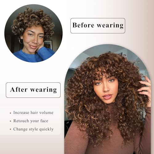 Highlight Mix Brown Curly Human Hair Wig with Bangs for Black Women - Long, Natural Look, True Scalp, Glueless, Effortless Style