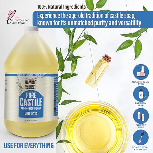 Unscented Castile Liquid Soap 64 oz - Natural, Multi-Purpose, Vegan & Palm Oil Free