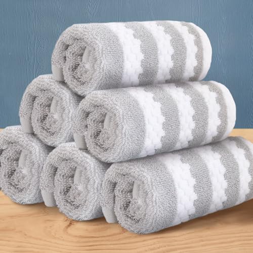 Gray and White Striped Cotton Washcloth Set - 6 Pack, 13x13 in, Quick Dry